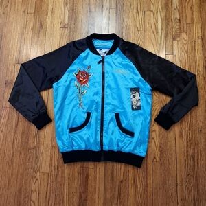 Ed Hardy Womens Satin Style Jacket Size XL Skulls Rose's Embroidered NEW